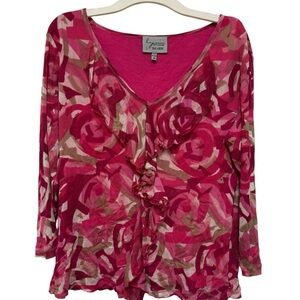 Y2K Pink Tan White Patterned Ruffle Front Long Sleeve Top Size Medium